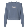 The EMB S&S Activewear Women's CenCal Youth Rugby Mid-Length Crewneck Sweatshirt is blue, has long sleeves, and features "GEN CAR '23 NEW ERA" in white and gray on the chest.