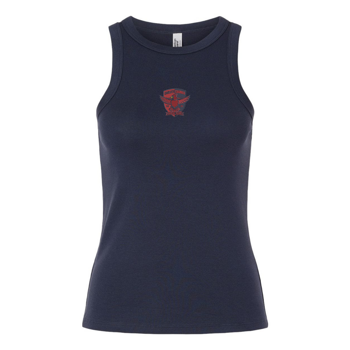 The EMB S&S Activewear Women's Charlotte Cardinals Rugby Baby Rib Tank is a navy blue top featuring a small red graphic design centered on the chest.