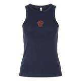 The EMB S&S Activewear Women's Charlotte Cardinals Rugby Baby Rib Tank is a navy blue top featuring a small red graphic design centered on the chest.