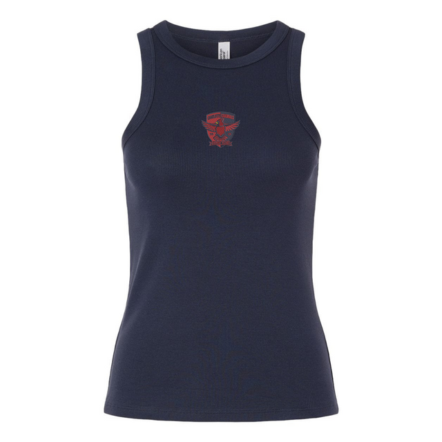 The EMB S&S Activewear Women's Charlotte Cardinals Rugby Baby Rib Tank is a navy blue top featuring a small red graphic design centered on the chest.