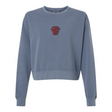 The Women's Charlotte Cardinals Rugby Mid-Length Crewneck Sweatshirt by EMB S&S Activewear features long sleeves and a small red chest graphic, blending classic inspiration with modern style, shown against a white background.