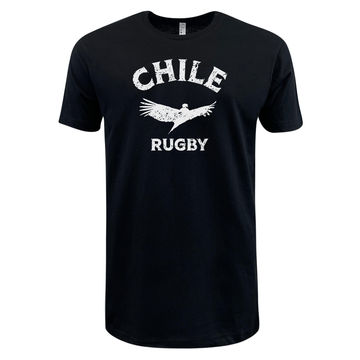 A black Nations of Rugby Chile Rugby Supersoft Tee with white text by WRS LAT.