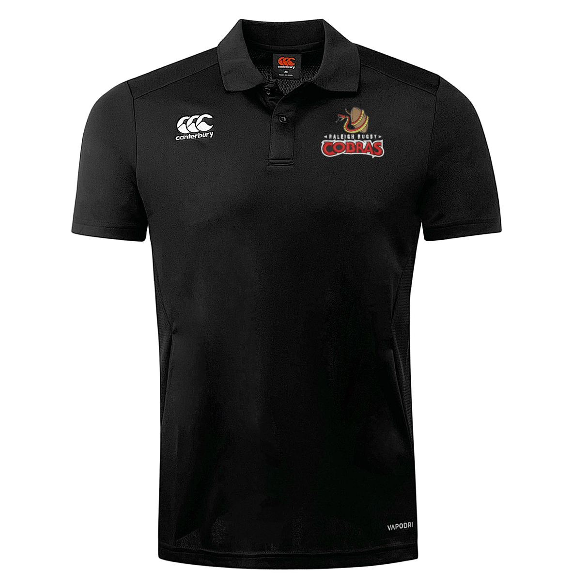A black Raleigh Cobras Rugby Club Dry Polo by Canterbury with the EMB Canterbury logo on it.