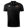 A black polo shirt with the Raleigh Rattlesnakes Rugby Club Dry Polo by Canterbury logo on it.