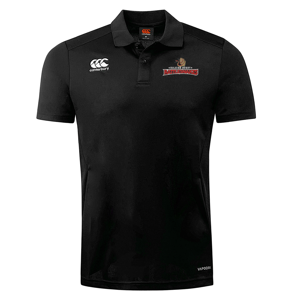 A black polo shirt with the Raleigh Rattlesnakes Rugby Club Dry Polo by Canterbury logo on it.