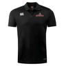 A black polo shirt with the Raleigh Rattlesnakes Rugby Club Dry Polo by Canterbury logo on it.