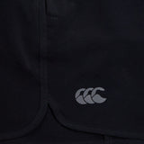 Close-up of a dark Canterbury Elite Woven gym short with a white Canterbury logo on the lower right side.