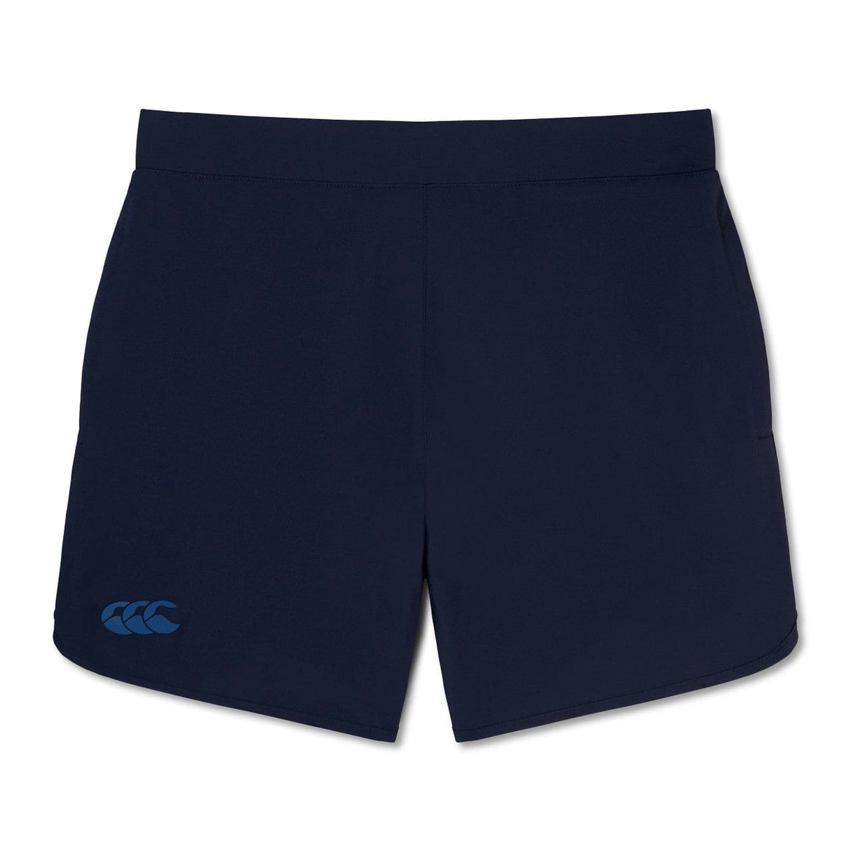 Navy blue Canterbury Elite Woven gym shorts with zippered pockets and a small logo on the left hem.