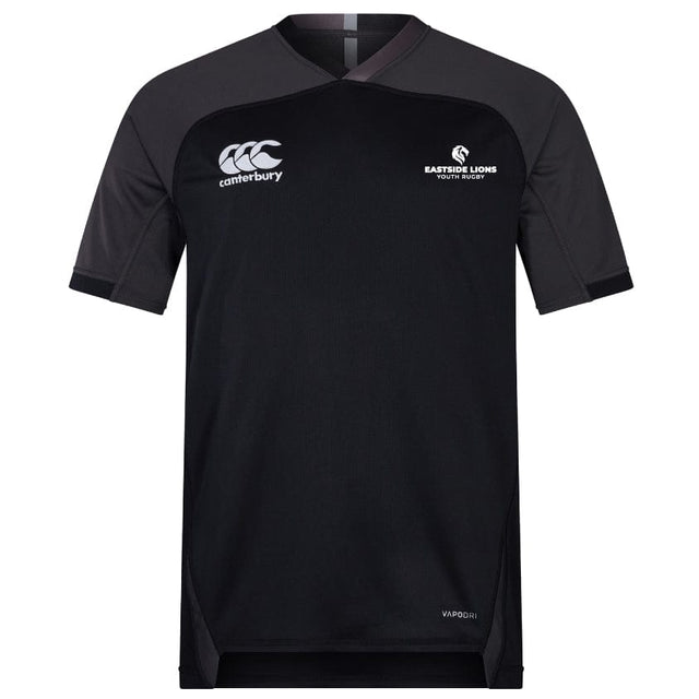 This short-sleeved black and gray Eastside Lions Vapodri Evader Jersey by EMB Canterbury showcases the Eastside Lions Youth Rugby logos on the front. Designed with moisture-wicking technology, it guarantees comfort and style both on and off the field.