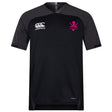 The SUNY Maritime Vapodri Evader Jersey by EMB Canterbury is a black and gray rugby jersey that showcases the classic Evader style. It features the iconic logo on the left, Vapodri technology for increased comfort, and a bold pink skull with crossbones design on the right.