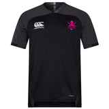 The SUNY Maritime Vapodri Evader Jersey by EMB Canterbury is a black and gray rugby jersey that showcases the classic Evader style. It features the iconic logo on the left, Vapodri technology for increased comfort, and a bold pink skull with crossbones design on the right.