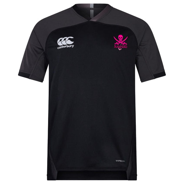 The SUNY Maritime Vapodri Evader Jersey by EMB Canterbury is a black and gray rugby jersey that showcases the classic Evader style. It features the iconic logo on the left, Vapodri technology for increased comfort, and a bold pink skull with crossbones design on the right.