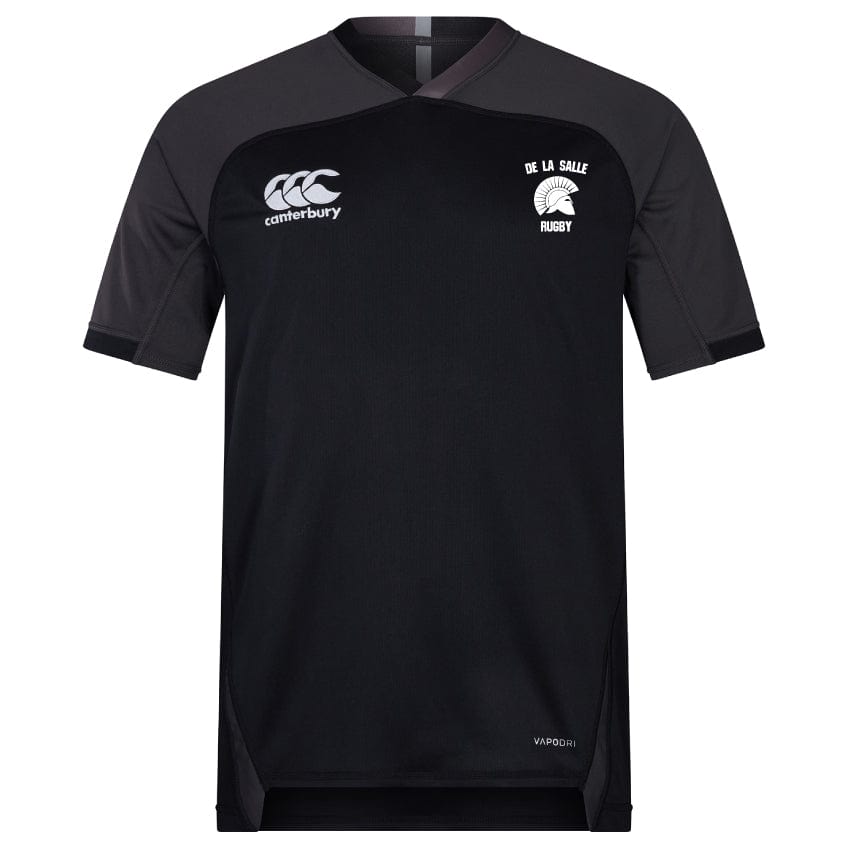 The De La Salle Vapodri Evader Jersey by EMB Canterbury, designed with short sleeves and a distinctive Canterbury neckline, features the "De La Salle Rugby" text on the front along with the iconic logo. This jersey includes moisture-wicking technology to ensure you stay cool during intense matches.