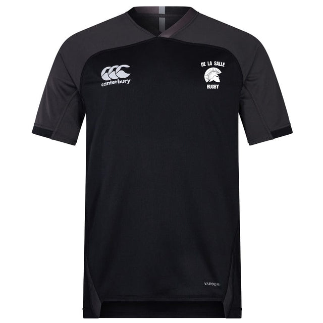 The De La Salle Vapodri Evader Jersey by EMB Canterbury, designed with short sleeves and a distinctive Canterbury neckline, features the "De La Salle Rugby" text on the front along with the iconic logo. This jersey includes moisture-wicking technology to ensure you stay cool during intense matches.