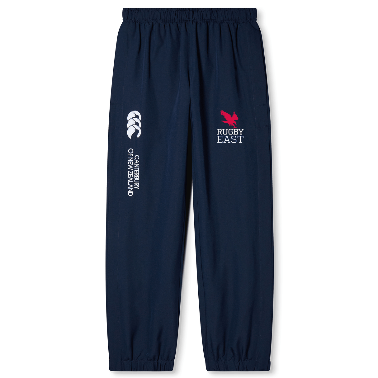 Navy blue sweatpants with "EMB Canterbury" and a logo printed on the left leg, and "Rugby East" with a red bird logo on the right leg. These Rugby East Conference Cuffed Hem Stadium Pants by Canterbury feature a cuffed hem, making them perfect for rugby pitch wear.