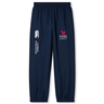 Navy blue sweatpants with "EMB Canterbury" and a logo printed on the left leg, and "Rugby East" with a red bird logo on the right leg. These Rugby East Conference Cuffed Hem Stadium Pants by Canterbury feature a cuffed hem, making them perfect for rugby pitch wear.