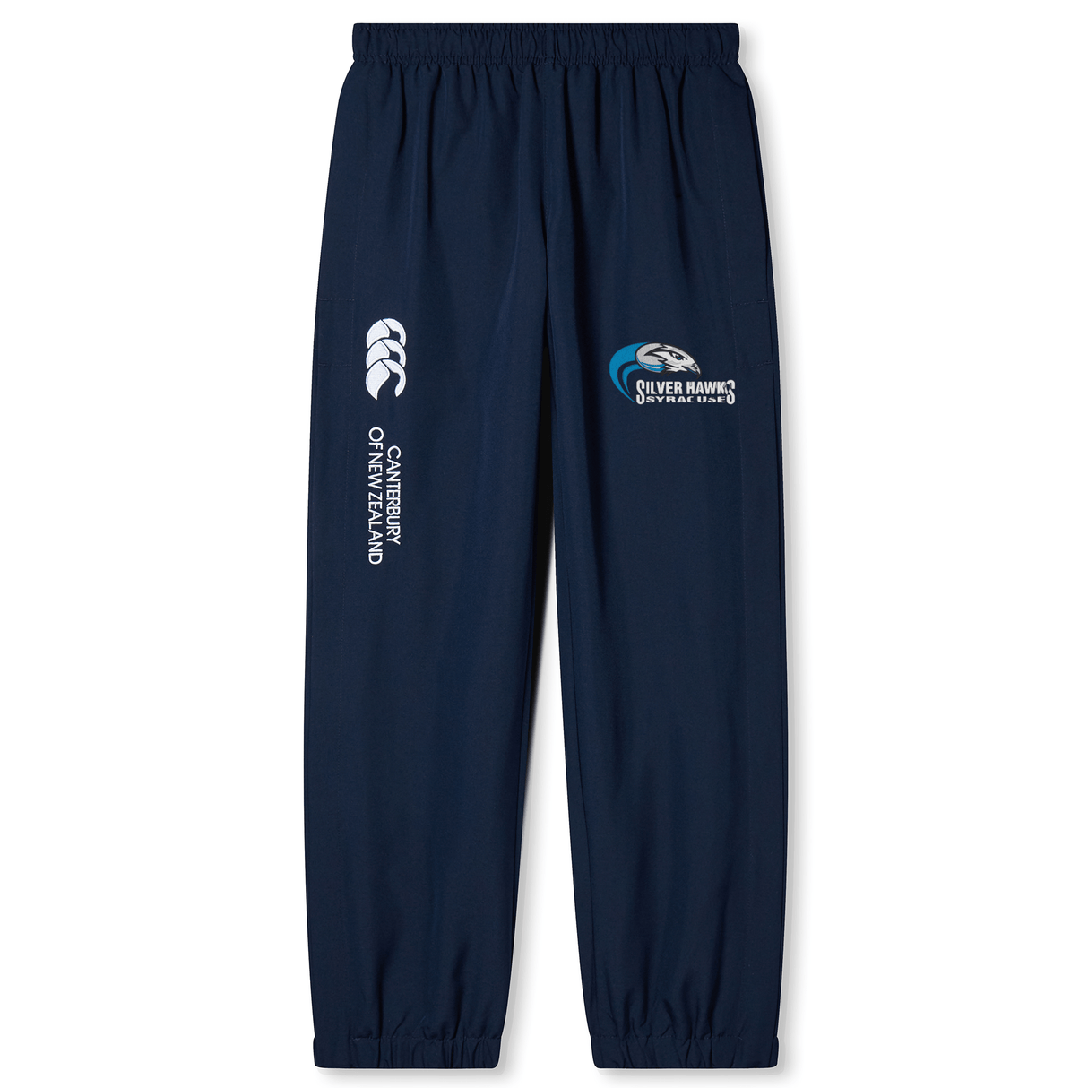 Syracuse Silver Hawks Cuffed Hem Stadium Pant by Canterbury: Navy blue athletic pants with full-length leg zip, "EMB Canterbury" and "Silver Hawks Basketball Club" logos, elastic waistband, and cuffed hem.