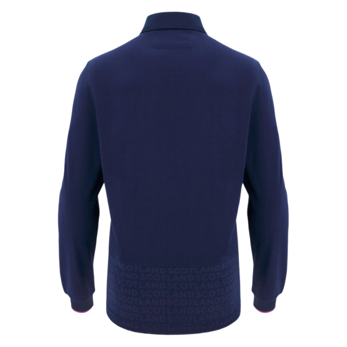 The Scotland SRU 25/26 Replica Home Long Sleeve Cotton Jersey by Macron, shown from the back in navy blue, features repeated “SCOTLAND” text along the lower hem—a classic touch inspired by the iconic rugby jersey.