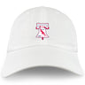 The Philly Whitemarsh RFC Adult Low-Profile Cotton Twill Dad Cap by EMB S&S Activewear features a classic white design with an embroidered red and white crest showing a bell, rugby player, and "Philadelphia Whitemarsh R.F.C. 1985.