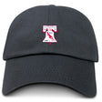 The Philly Whitemarsh RFC Adult Low-Profile Cotton Twill Dad Cap by EMB S&S Activewear is a black hat with red and white embroidered team branding and the Philadelphia International Rugby Football Club logo on the front.