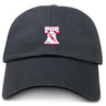 The Philly Whitemarsh RFC Adult Low-Profile Cotton Twill Dad Cap by EMB S&S Activewear is a black hat with red and white embroidered team branding and the Philadelphia International Rugby Football Club logo on the front.