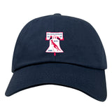 The EMB S&S Activewear Philly Whitemarsh RFC Adult Low-Profile Cotton Twill Dad Cap features a navy blue cotton twill build with embroidered red and white Liberty Bell logo and "Philadelphia Internationals RFC" plus '61, '67, and 1985 on the front.