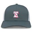 The Philly Whitemarsh RFC Retro Trucker Cap by EMB S&S Activewear is a gray and white hat with a mesh back, featuring the Philadelphia Whitemarsh RFC logo embroidered on the front.