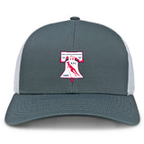The Philly Whitemarsh RFC Retro Trucker Cap by EMB S&S Activewear is a gray and white hat with a mesh back, featuring the Philadelphia Whitemarsh RFC logo embroidered on the front.
