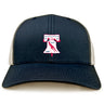 The Philly Whitemarsh RFC Retro Trucker Cap by EMB S&S Activewear features navy blue and beige panels, an embroidered club logo with a red rugby ball, "Philadelphia-Whitemarsh R.F.C. 1985" text, and an adjustable snapback closure.