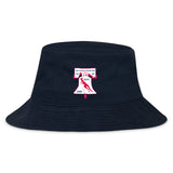 The EMB S&S Activewear Philly Whitemarsh RFC Crusher Bucket Cap is a black cotton hat with a stitched red and white rugby club logo on the front, providing stylish sun protection.