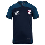 The Philly Whitemarsh RFC Vapodri Evader Jersey by EMB Canterbury is a navy short-sleeve top with moisture-wicking technology and features white and red team logo detailing on the chest.