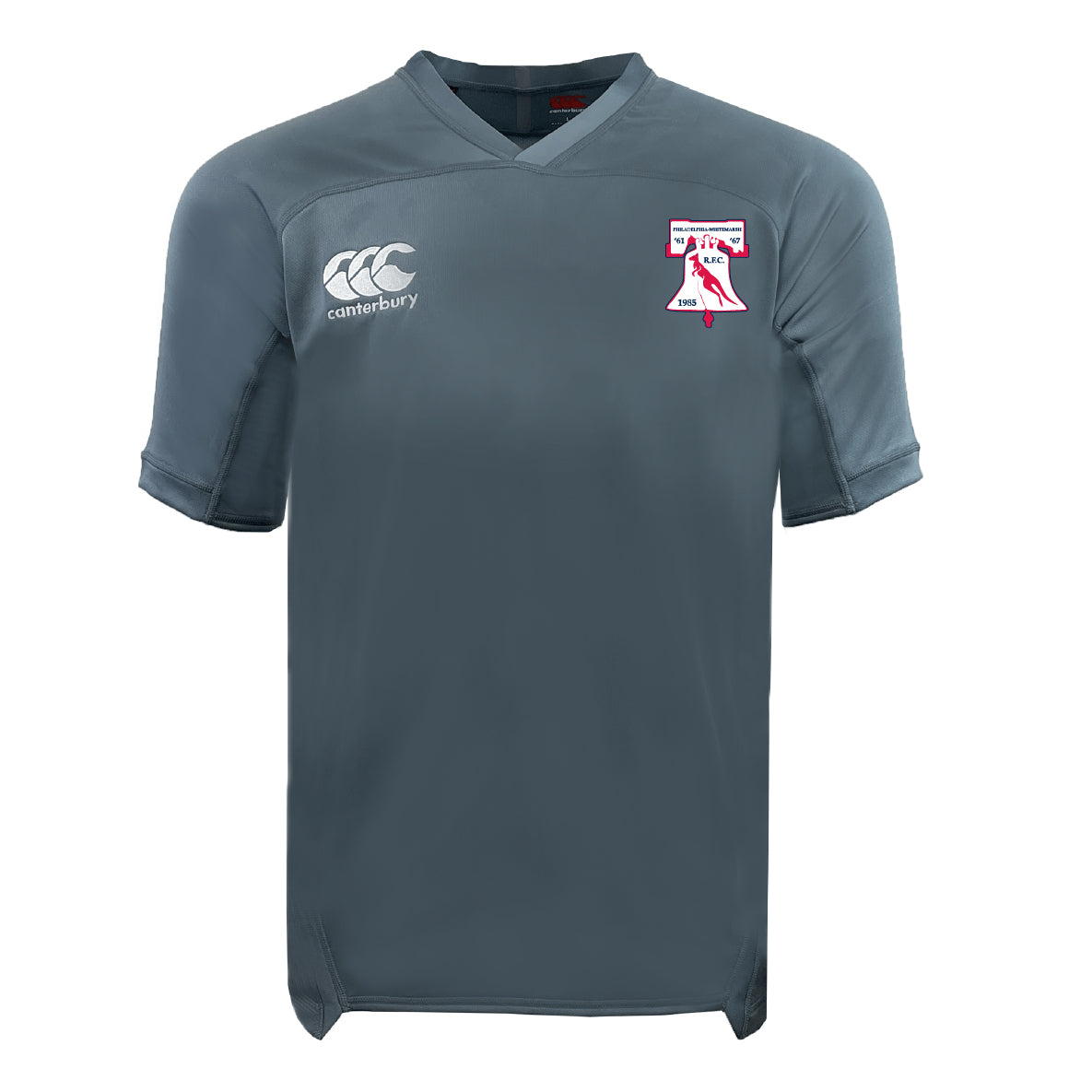The Philly Whitemarsh RFC Vapodri Evader Jersey by EMB Canterbury is a grey short-sleeved rugby top with moisture-wicking tech, a white "Canterbury" logo on the right chest, and a red and white team crest on the left chest.