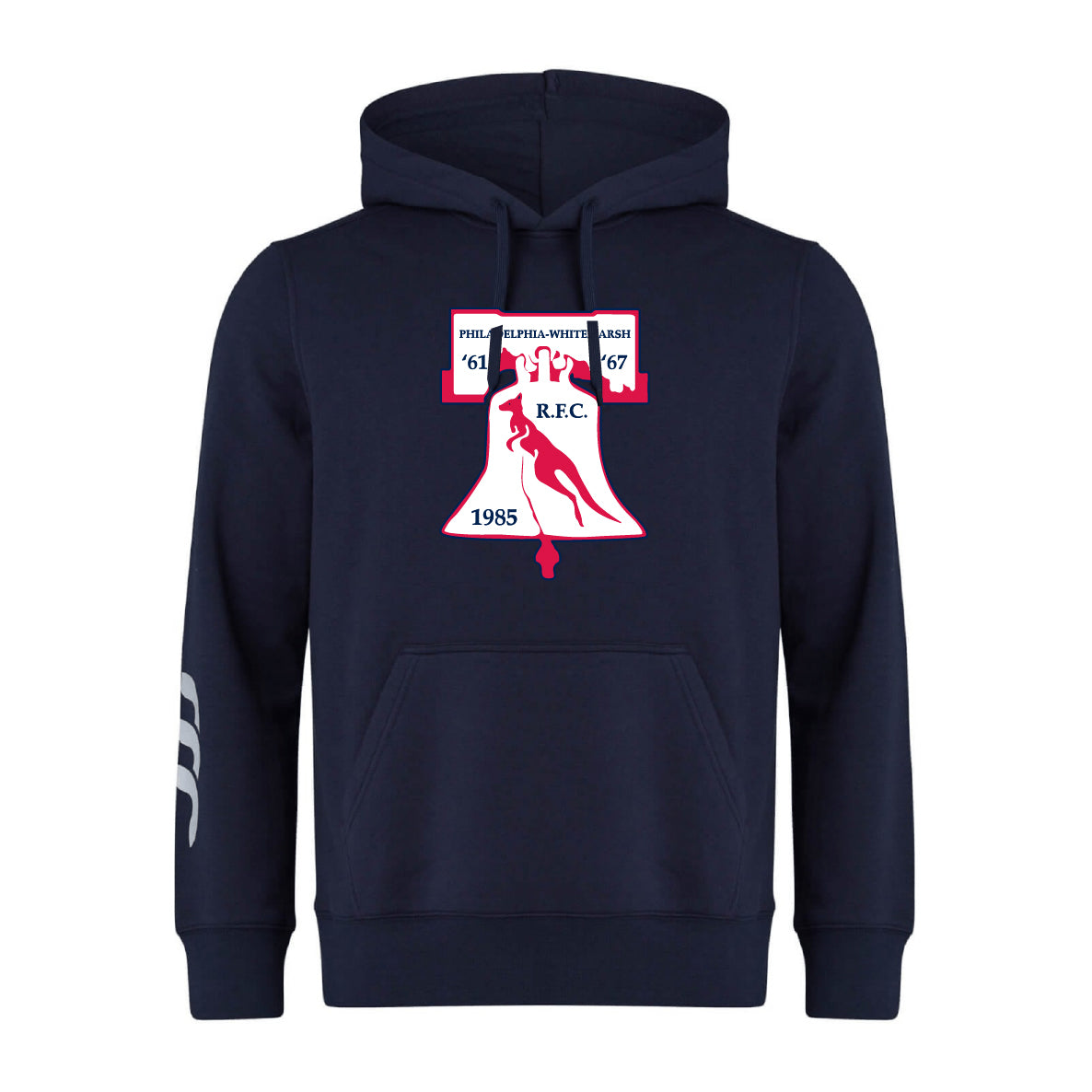 The Philly Whitemarsh RFC Club Hoodie by Canterbury (WRS Canterbury) is a navy rugby hoodie with a Liberty Bell graphic, rugby player silhouette, text, and white stripes on the left sleeve.