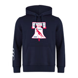 The Philly Whitemarsh RFC Club Hoodie by Canterbury (WRS Canterbury) is a navy rugby hoodie with a Liberty Bell graphic, rugby player silhouette, text, and white stripes on the left sleeve.