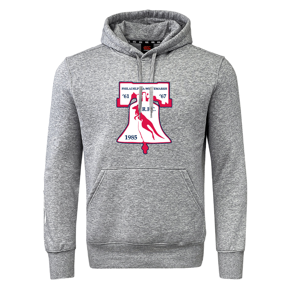 The Philly Whitemarsh RFC Club Hoodie by WRS Canterbury is a gray hoodie with a front pocket, Liberty Bell graphic, and “Philadelphia Wameslamash,” “’61,” “’67,” “1985,” and “R.F.T.” printed in maroon and navy blue.