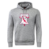The Philly Whitemarsh RFC Club Hoodie by WRS Canterbury is a gray hoodie with a front pocket, Liberty Bell graphic, and “Philadelphia Wameslamash,” “’61,” “’67,” “1985,” and “R.F.T.” printed in maroon and navy blue.