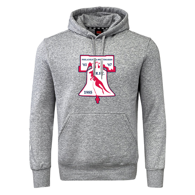 The Philly Whitemarsh RFC Club Hoodie by WRS Canterbury is a gray hoodie with a front pocket, Liberty Bell graphic, and “Philadelphia Wameslamash,” “’61,” “’67,” “1985,” and “R.F.T.” printed in maroon and navy blue.
