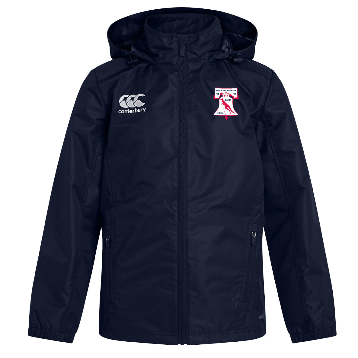 The Philly Whitemarsh RFC Club Vaposhield Full Zip Rain Jacket by EMB Canterbury is navy blue with a zip closure, two front pockets, water resistant finish, and white Canterbury plus embroidered crest logos on the chest.