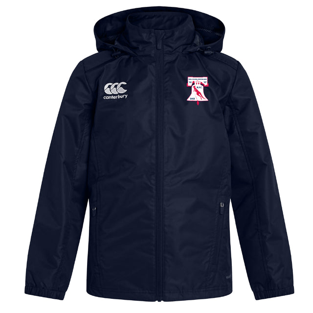 The Philly Whitemarsh RFC Club Vaposhield Full Zip Rain Jacket by EMB Canterbury is navy blue with a zip closure, two front pockets, water resistant finish, and white Canterbury plus embroidered crest logos on the chest.