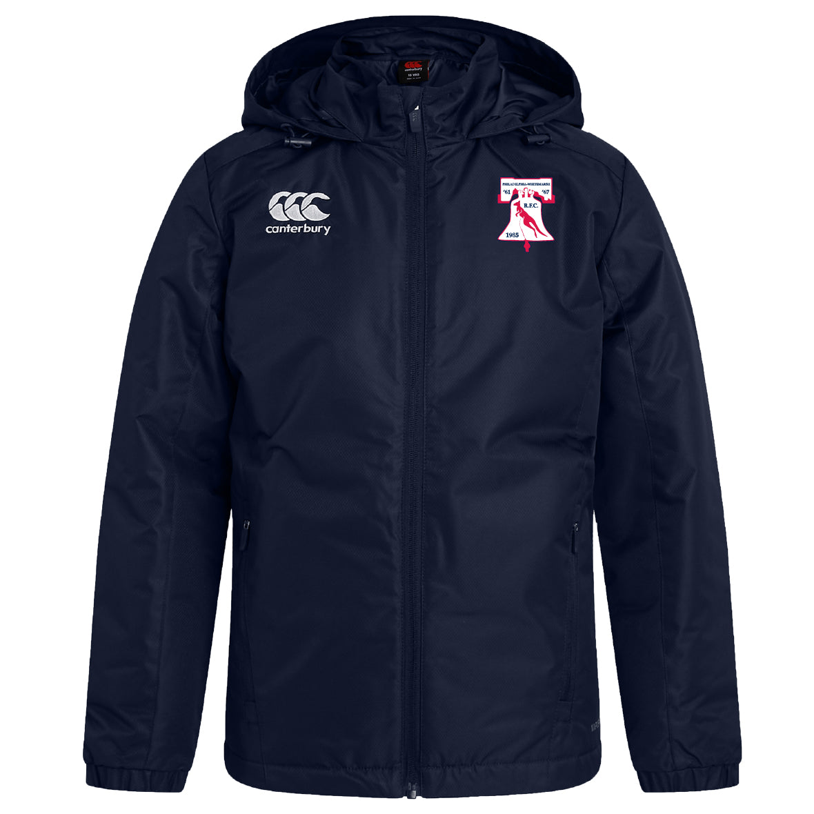 The Philly Whitemarsh RFC Club Vaposhield Stadium Jacket by EMB Canterbury is a navy blue, water-repellent, padded jacket with a white Canterbury logo on the right chest and a red and white crest on the left.