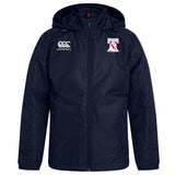 The Philly Whitemarsh RFC Club Vaposhield Stadium Jacket by EMB Canterbury is a navy blue, water-repellent, padded jacket with a white Canterbury logo on the right chest and a red and white crest on the left.