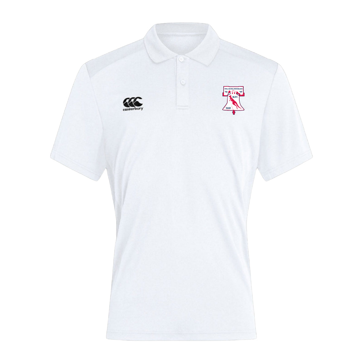 The Philly Whitemarsh RFC Waimak Polo by EMB Canterbury is a white short-sleeve men’s polo with a collar, black Canterbury logo on the right chest, and a bold red and white graphic on the left chest.