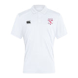 The Philly Whitemarsh RFC Waimak Polo by EMB Canterbury is a white short-sleeve men’s polo with a collar, black Canterbury logo on the right chest, and a bold red and white graphic on the left chest.