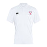The Philly Whitemarsh RFC Waimak Polo by EMB Canterbury is a white short-sleeve men’s polo with a collar, black Canterbury logo on the right chest, and a bold red and white graphic on the left chest.