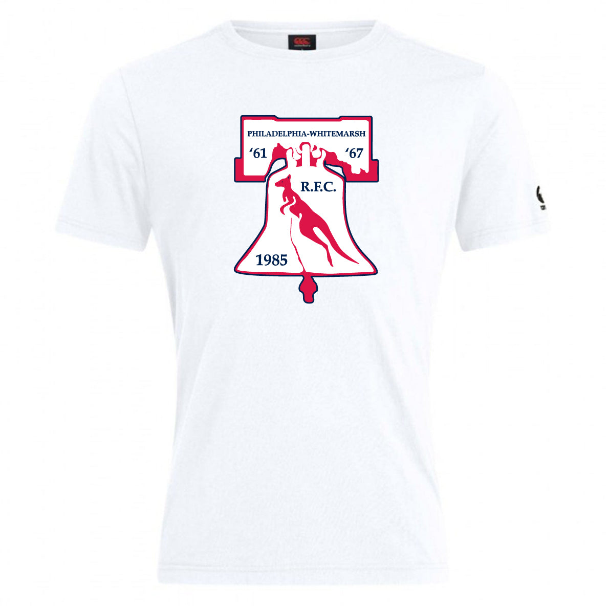 The Philly Whitemarsh RFC Club Plain Tee by WRS Canterbury features a white cotton blend, red and navy Liberty Bell graphic, "PHILADELPHIA-WHITEMARSH R.F.C." text, and the years '61, '67, 1985—a classic for rugby fans.
