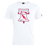 The Philly Whitemarsh RFC Club Plain Tee by WRS Canterbury features a white cotton blend, red and navy Liberty Bell graphic, "PHILADELPHIA-WHITEMARSH R.F.C." text, and the years '61, '67, 1985—a classic for rugby fans.