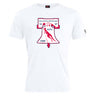 The Philly Whitemarsh RFC Club Plain Tee by WRS Canterbury features a white cotton blend, red and navy Liberty Bell graphic, "PHILADELPHIA-WHITEMARSH R.F.C." text, and the years '61, '67, 1985—a classic for rugby fans.