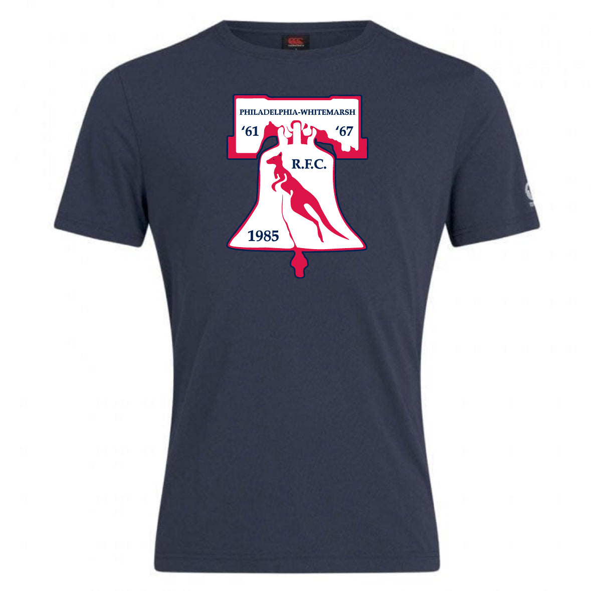 The Philly Whitemarsh RFC Club Plain Tee by WRS Canterbury is a navy cotton blend shirt with a white and maroon Liberty Bell rugby graphic, “Philadelphia-Whitemarsh R.F.C.,” and the years '61, '67, and 1985.
