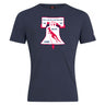 The Philly Whitemarsh RFC Club Plain Tee by WRS Canterbury is a navy cotton blend shirt with a white and maroon Liberty Bell rugby graphic, “Philadelphia-Whitemarsh R.F.C.,” and the years '61, '67, and 1985.
