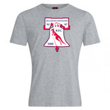 The Philly Whitemarsh RFC Club Plain Tee by WRS Canterbury is a gray cotton blend shirt featuring a bold Liberty Bell and the years 1961, 1967, and 1985—a classic for supporters of Philadelphia-Whitemarsh RFC.